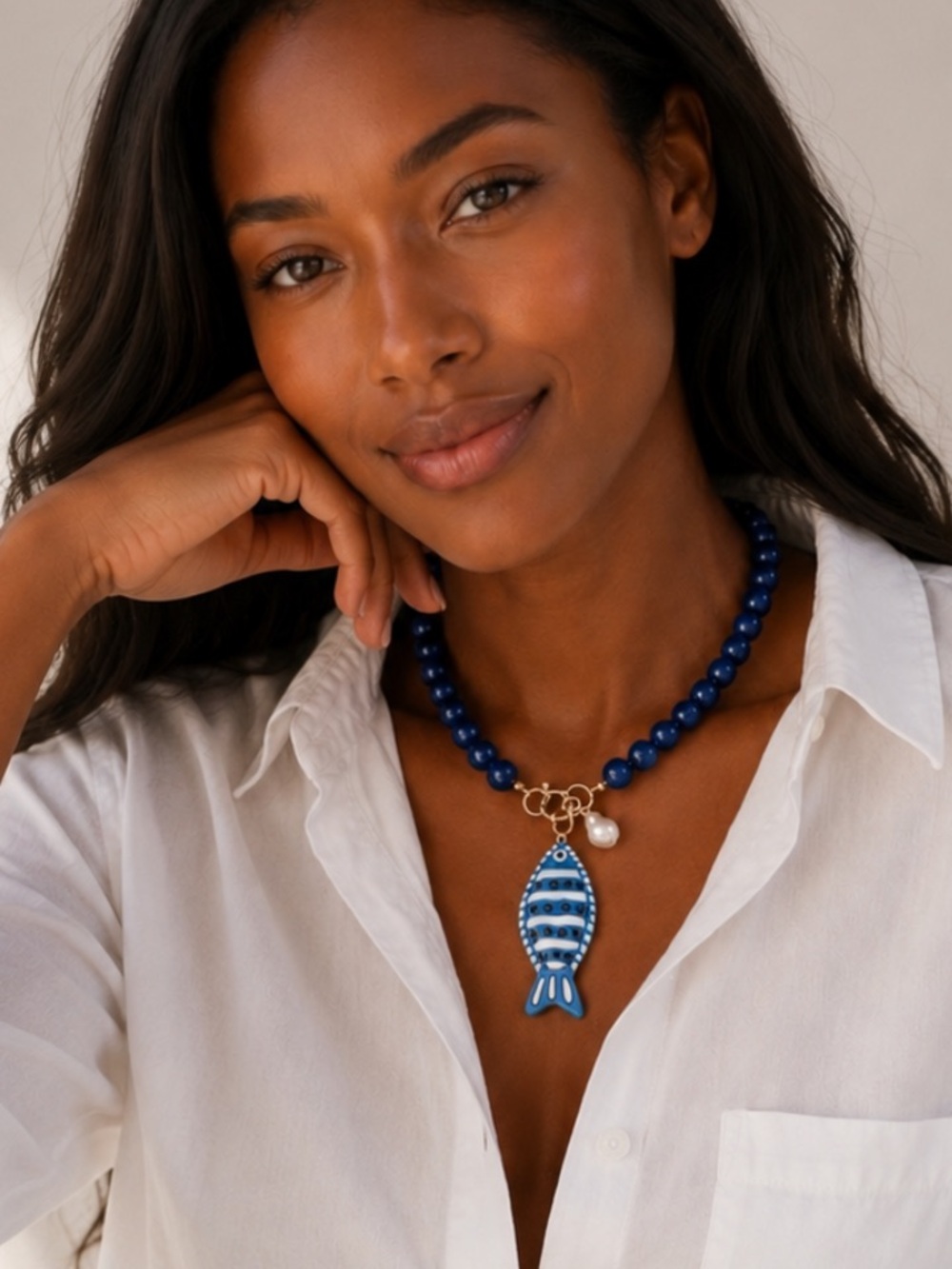 New! Blue Fish Beaded Necklace NWOT